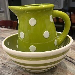 Green Polka Dot Pitcher with Striped Bowl Set
